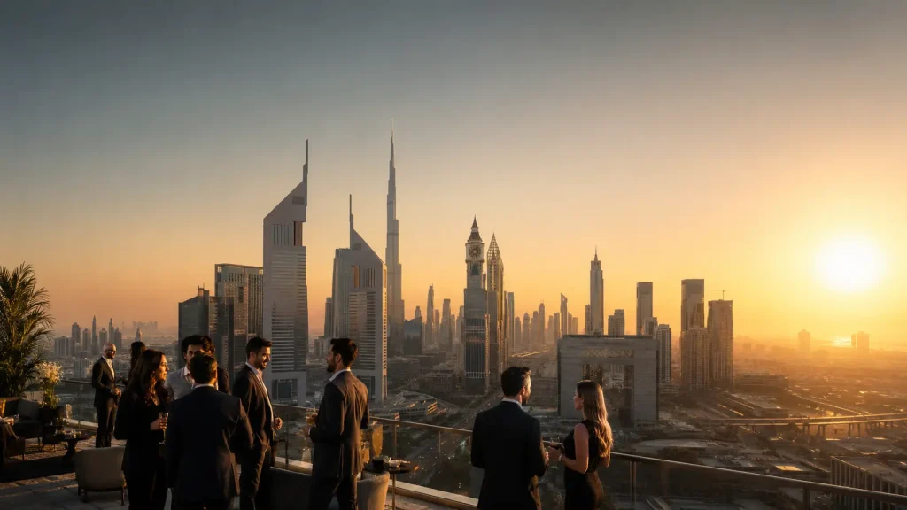 Dubai DIFC financial district at sunset with the city skyline visible