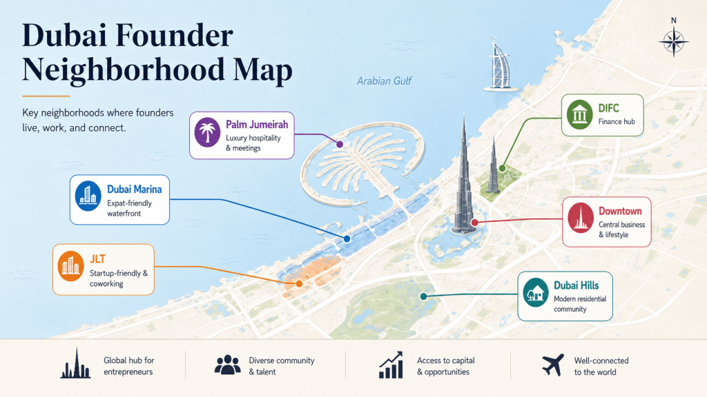 Annotated map of Dubai showing founder-popular neighborhoods including Dubai Marina, Downtown, DIFC, Palm Jumeirah, Dubai Hills, and JLT