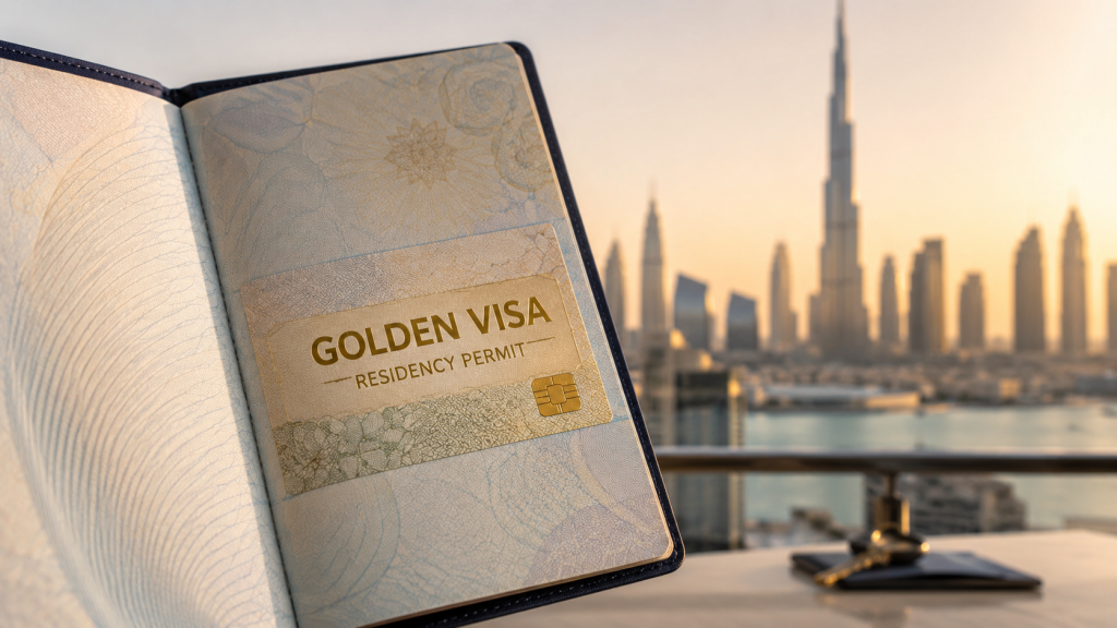 UAE Golden Visa stamp in passport with the Dubai skyline in the background