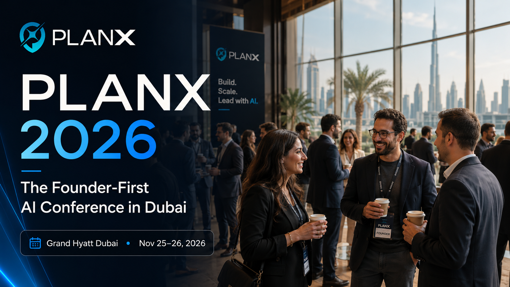 Founders networking at the PlanX 2026 AI conference in Dubai with the city skyline in the background.