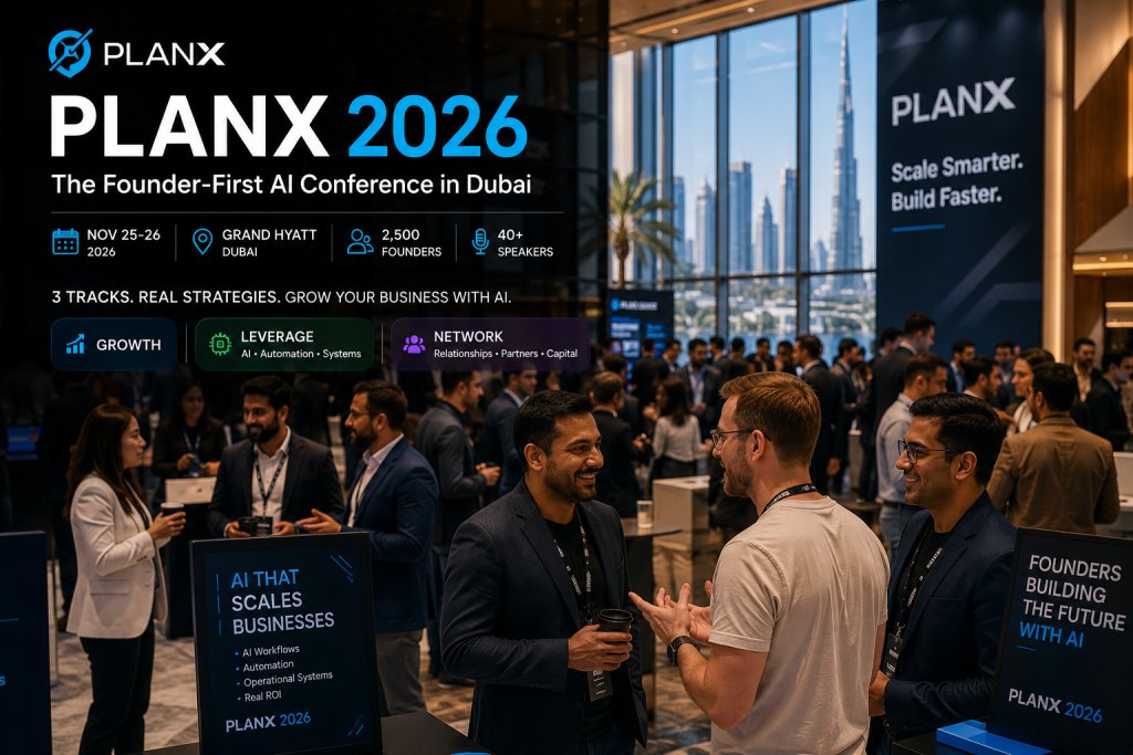Founders networking at the PlanX 2026 AI conference in Dubai