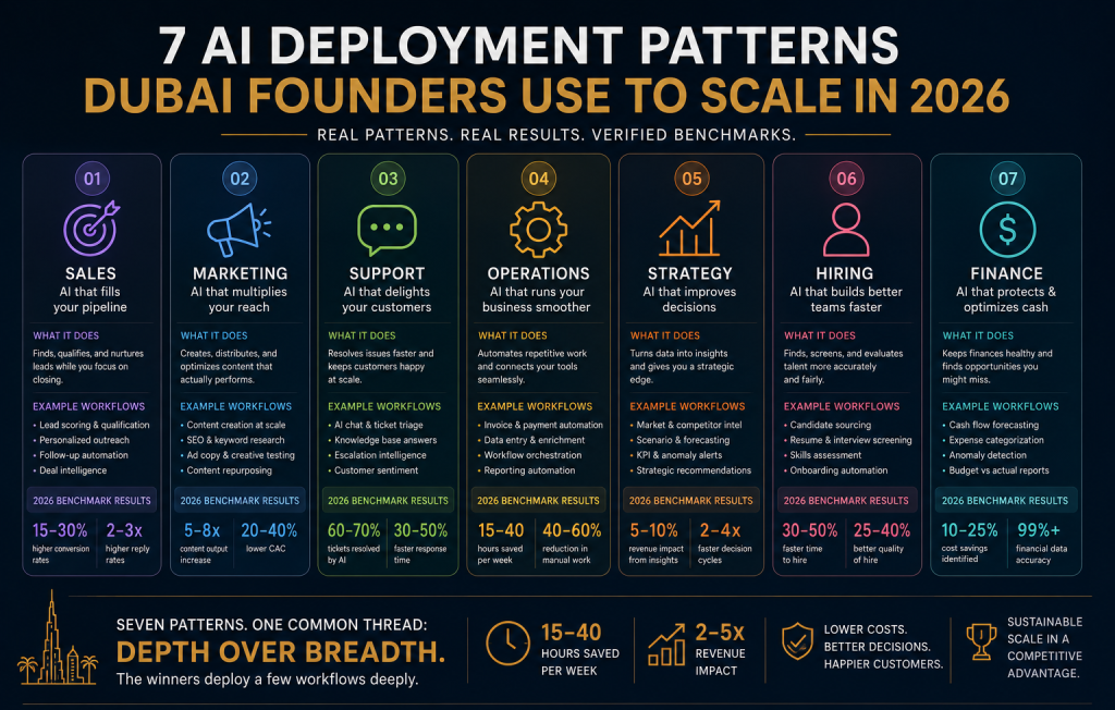 Infographic showing 7 ways Dubai founders deploy AI to scale, with 2026 benchmark results for each
