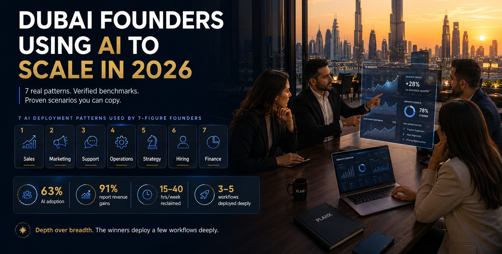 A premium Dubai office or rooftop scene with 3 to 5 founders reviewing AI dashboards, with the Dubai skyline in the background. Around them, subtle dashboard cards show the 7 patterns: Sales, Marketing, Support, Operations, Strategy, Hiring, Finance.